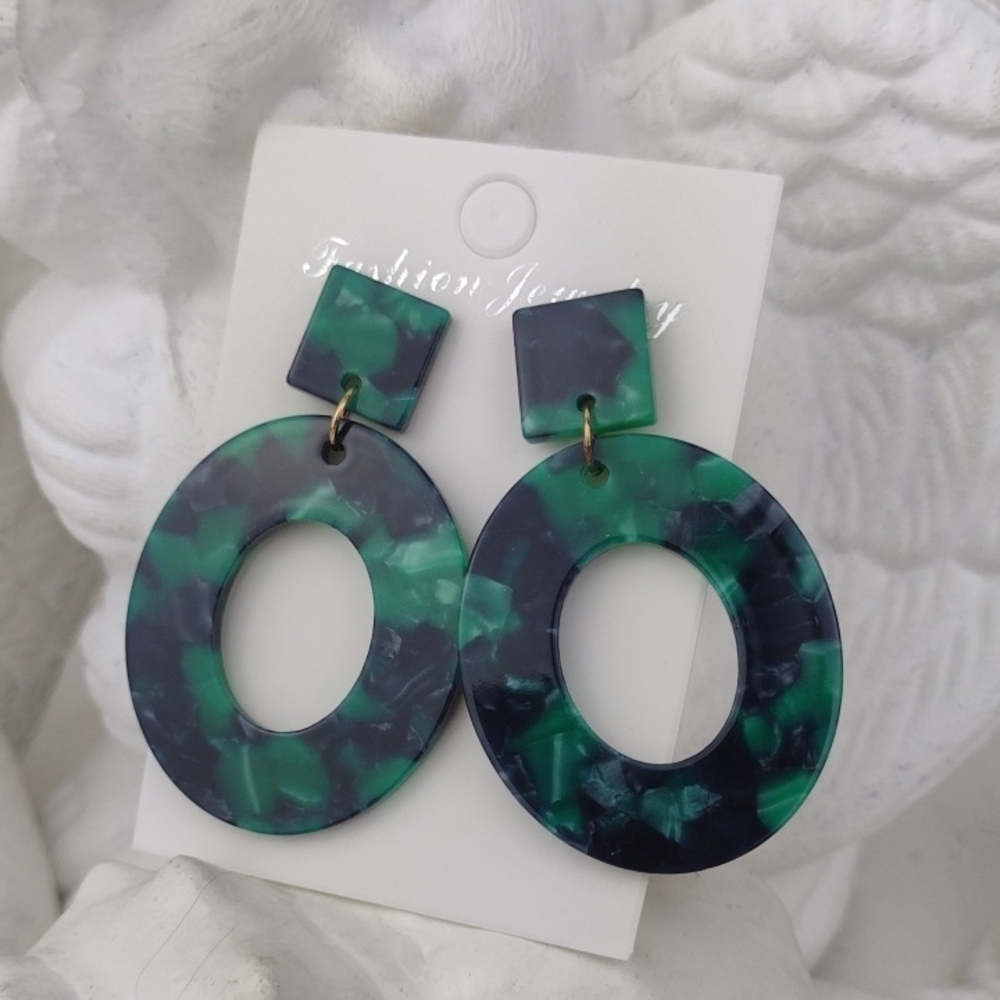 Emerald Green Marbled Resin Oval DBL Drop Earrings
